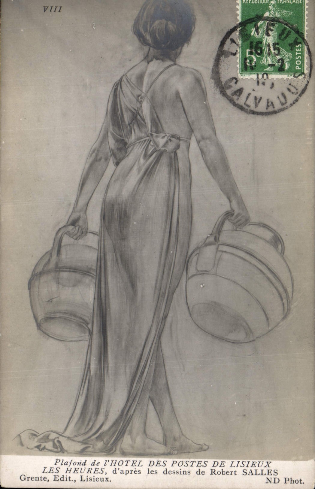 Femme en robe longue tenant deux seaux — Plafond de l'Hôtel des Postes de Lisieux — Grente, Edit., Lisieux