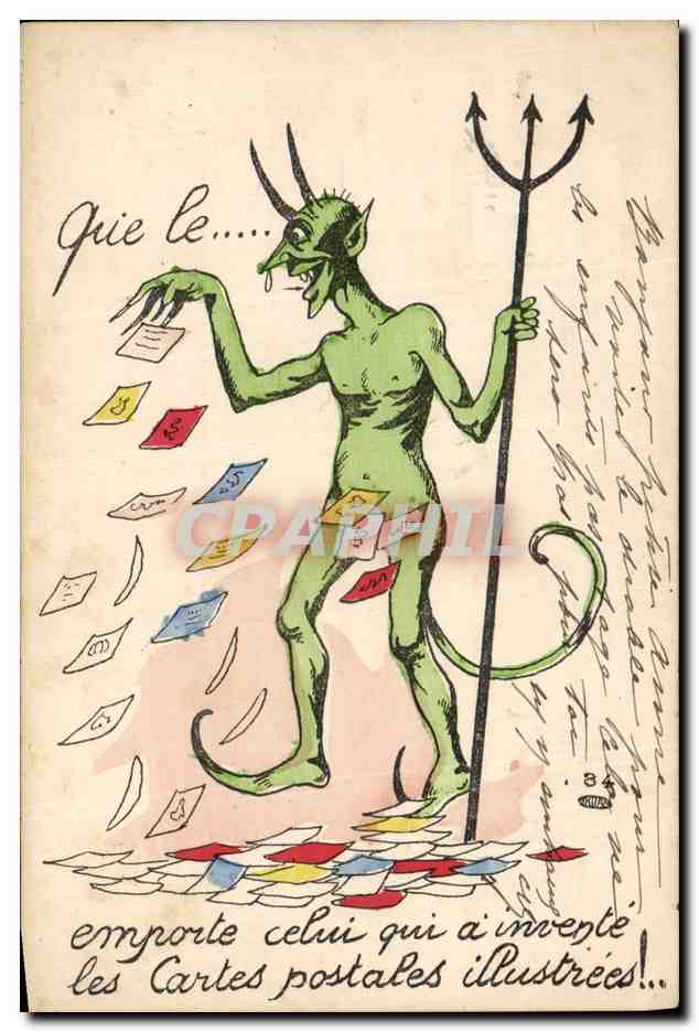 Diable vert avec trident — Carte postale humoristique — éditeur non visible