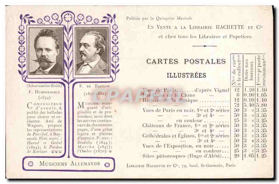 CPA Publicite Cartes postales illustrees Humperdinck Flotow Musiciens allemands TOP