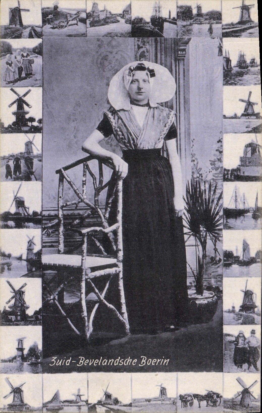 Zuid-Bevelandsche Boerin — carte postale illustrée avec collage de scènes néerlandaises — Dr. Trenkler Co., Leipzig