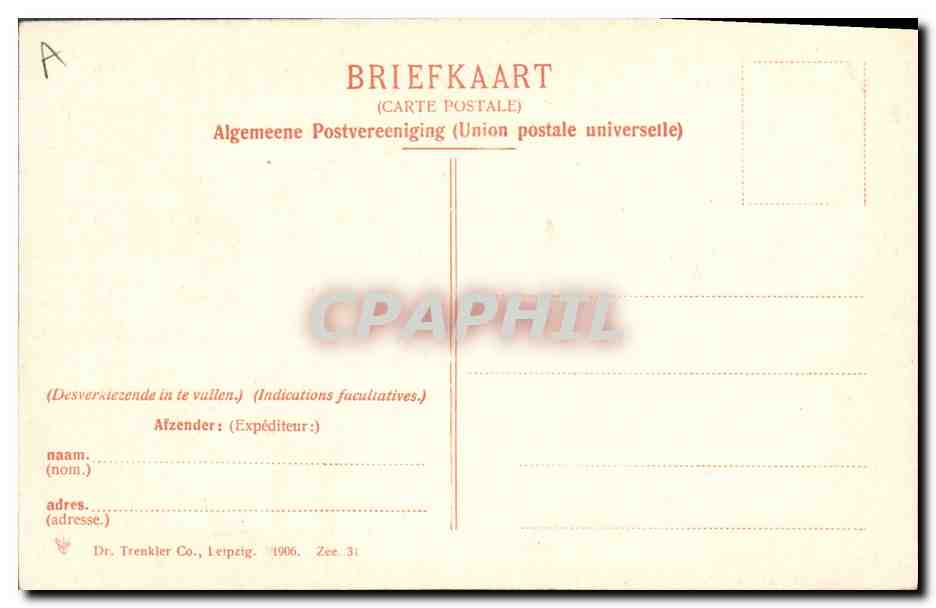 Zuid-Bevelandsche Boerin — carte postale illustrée avec collage de scènes néerlandaises — Dr. Trenkler Co., Leipzig — Reverso