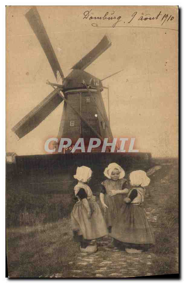 Domburg — trois jeunes filles devant un moulin à vent — éditeur F. B. den Boer, Middeburg
