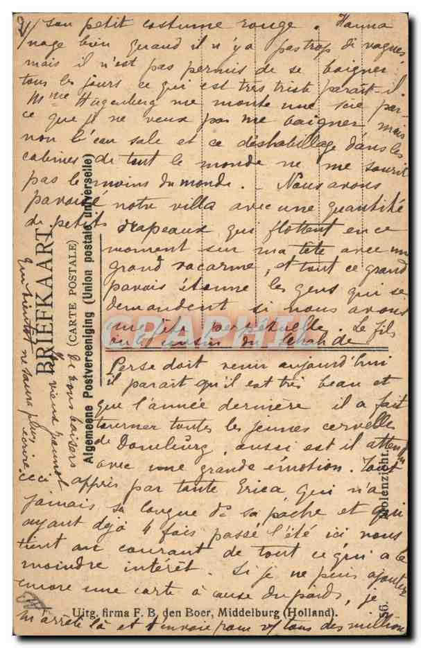 Domburg — trois jeunes filles devant un moulin à vent — éditeur F. B. den Boer, Middeburg — Reverso