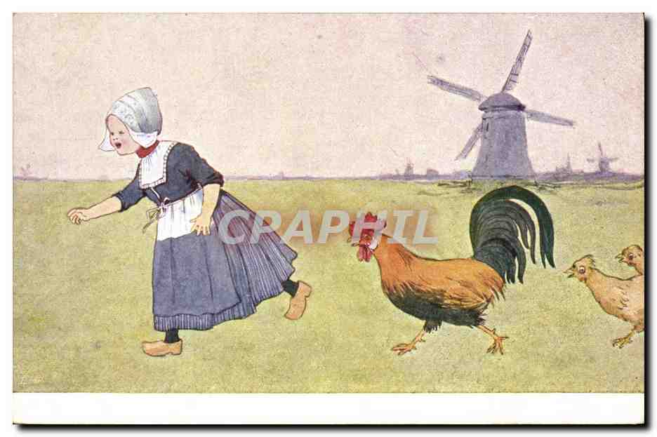 Femme en costume traditionnel néerlandais avec un coq et des poussins — moulin à vent en arrière-plan — éditeur B K W. 1. 618-7