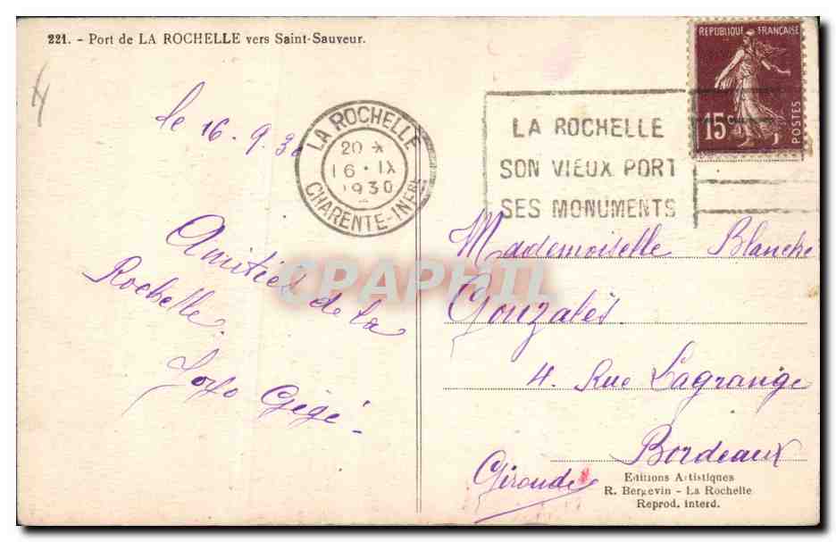 Port de La Rochelle — Ses monuments — Éditions Artistiques R. Bergevin — Verso