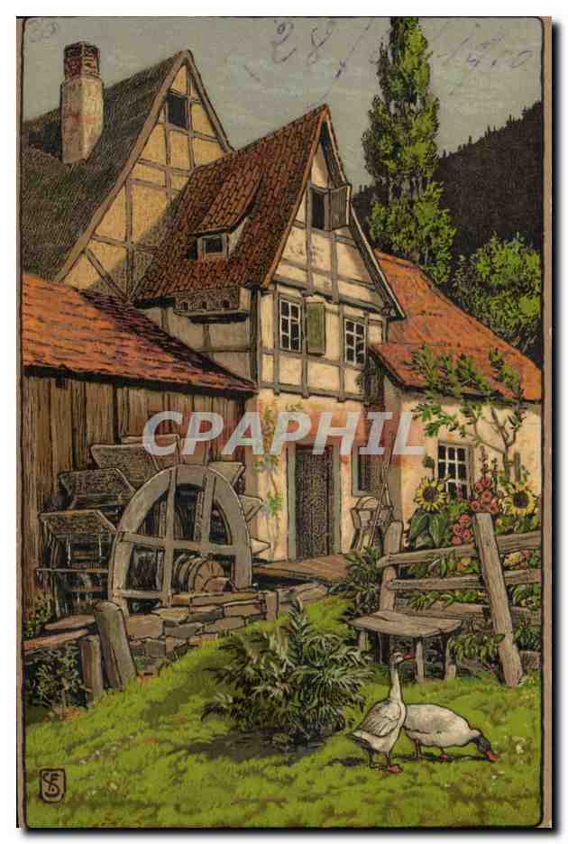 CPA Fantaisie Illustrateur Maison Moulin a eau