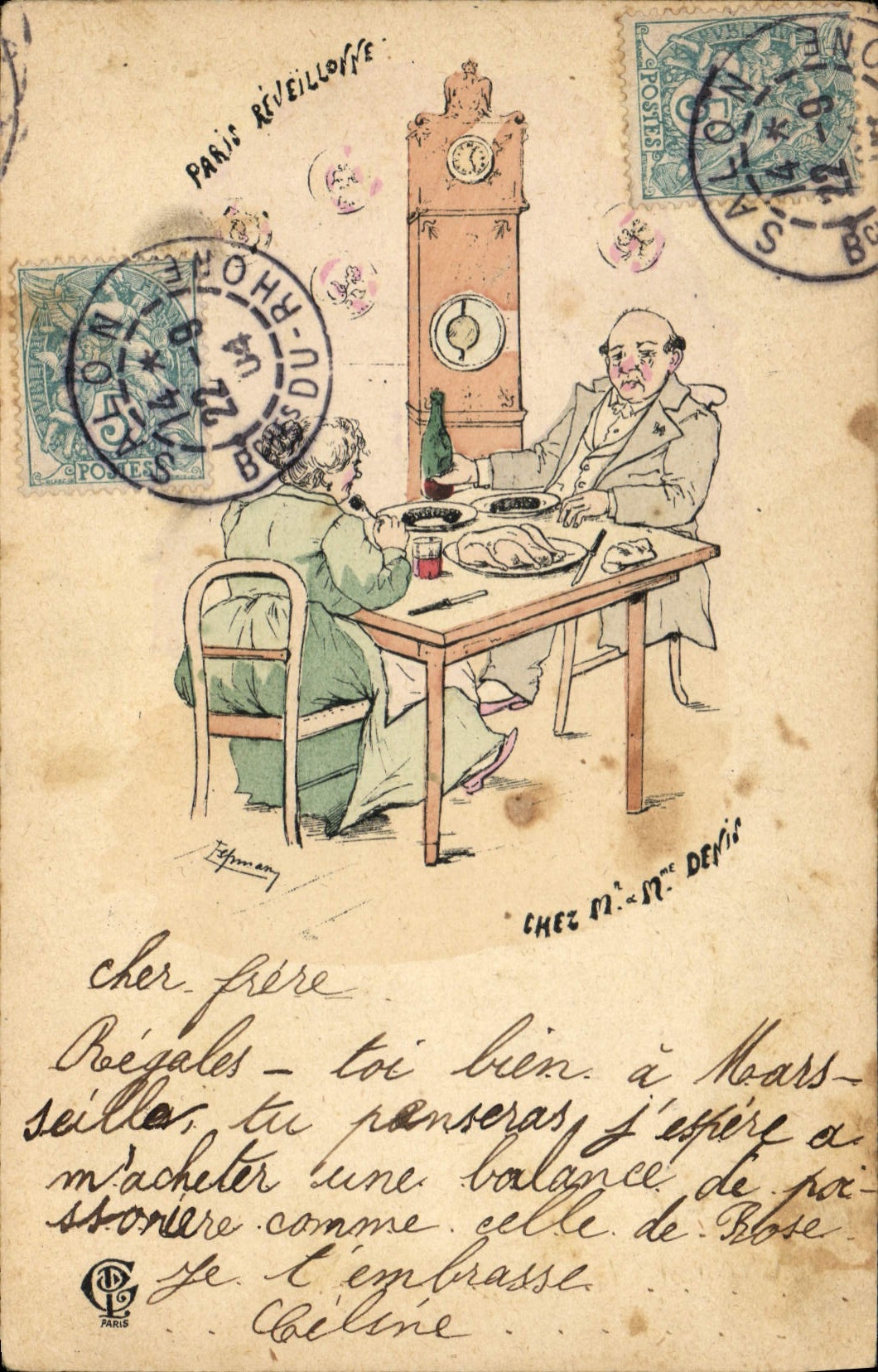 CPA Fantaisie Illustrateur Paris reveillonne Chez Mr et Mme Denis 