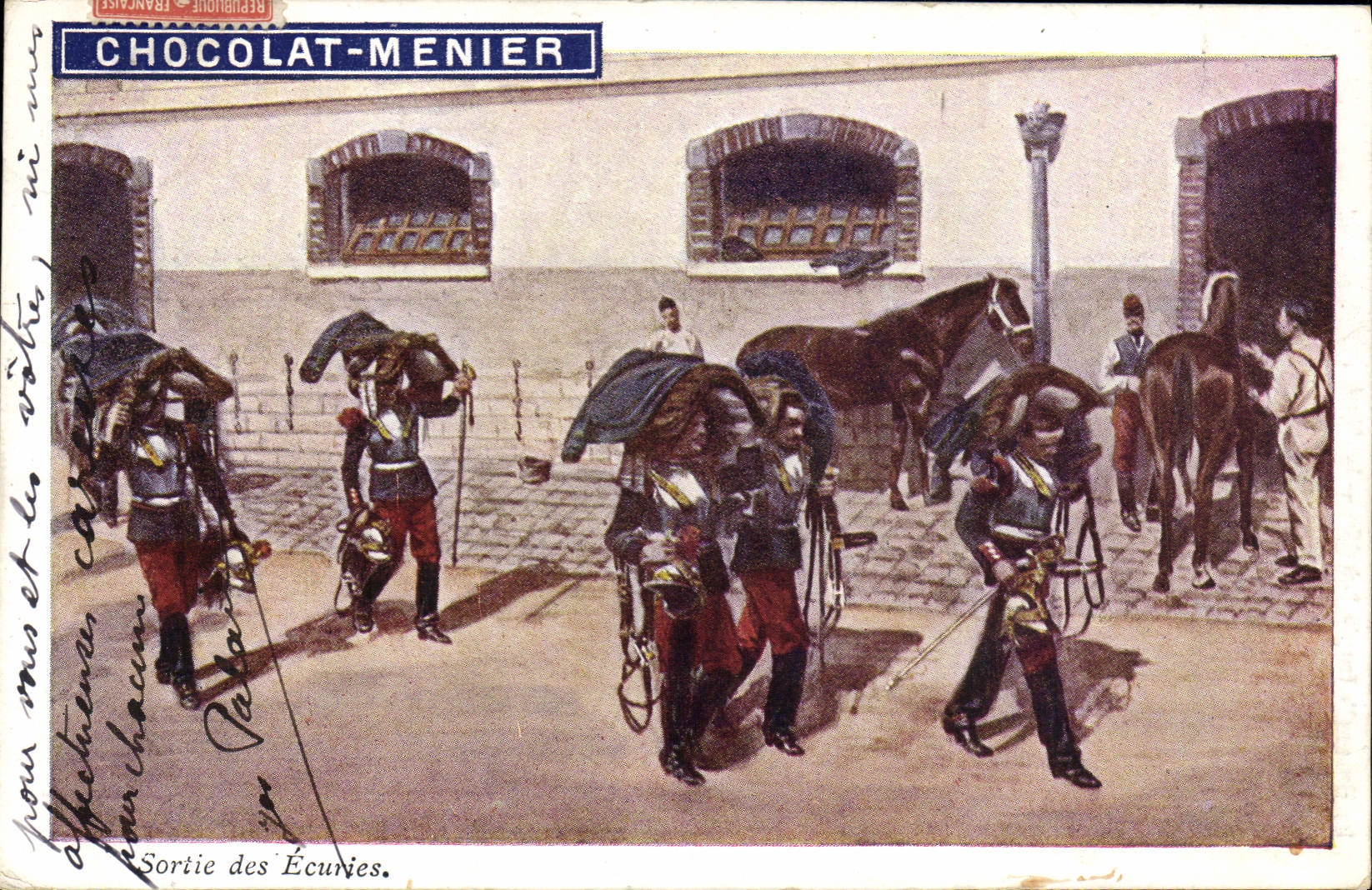 CPA Militaria Sortie des ecuries Chocolat Menier 