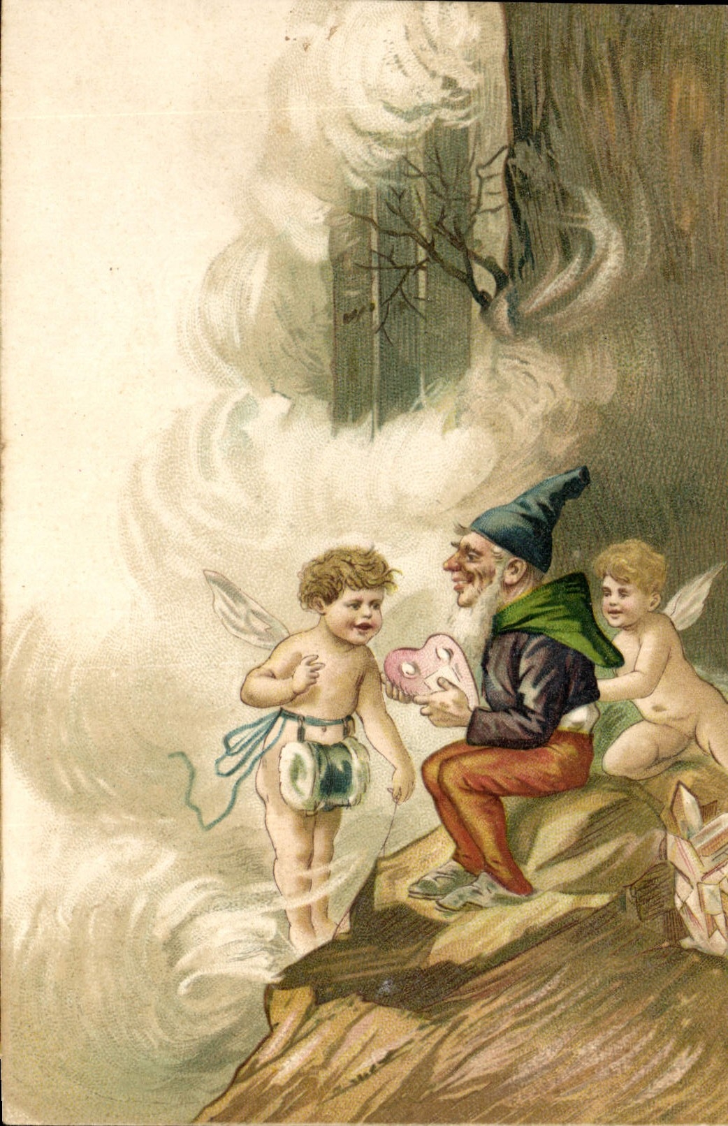 Gnomo y Cupidos en un paisaje fantástico — editor no visible, número de serie ilegible