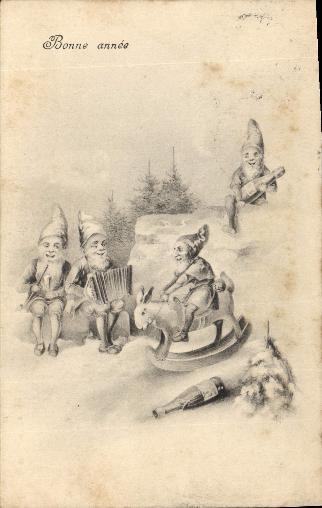 CPA Fantaisie Lutin Accordeon Lapin