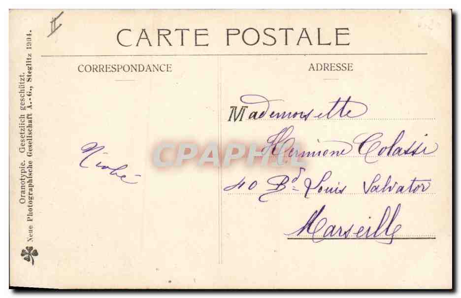 Femme en robe bleue et deux enfants — scène de jardin — Oranotypie, Steglitz 1904 — Verso