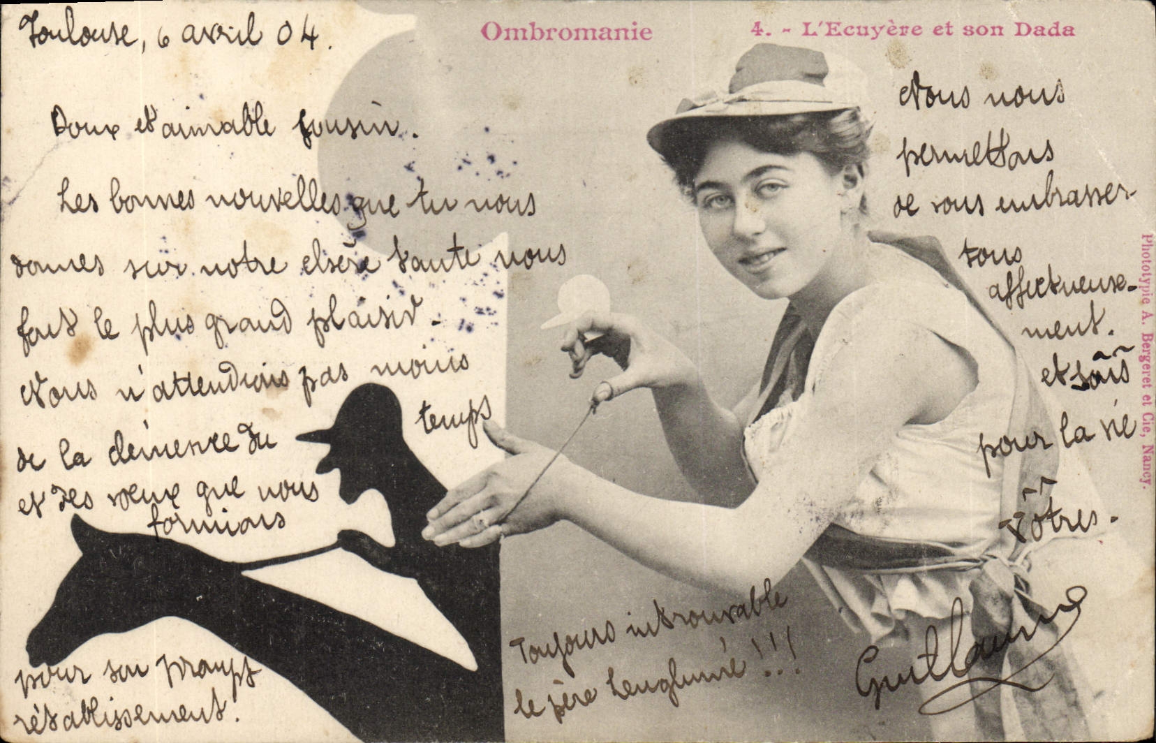 CPA Fantaisie Ombromanie L'ecuyere et son dada Cheval
