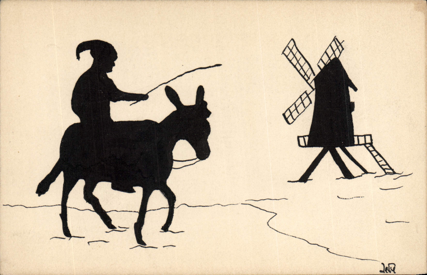 Silueta de un hombre montando un burro — molino de viento en el fondo — dibujo firmado 'Jef'