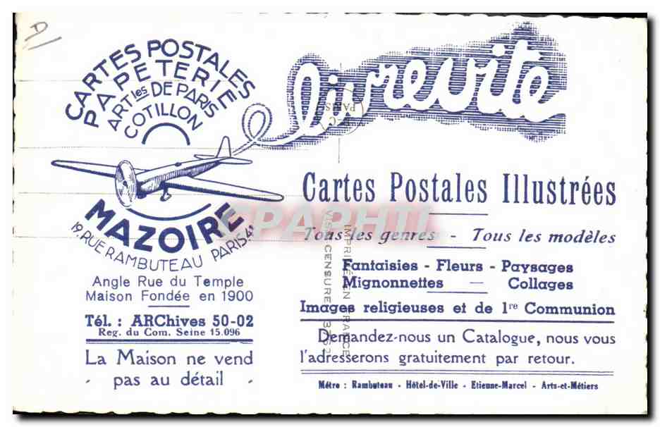 CPA Cartes Postales General Gamelin Publicite Mazoire Rue Rambuteau Paris TOP — Rückseite