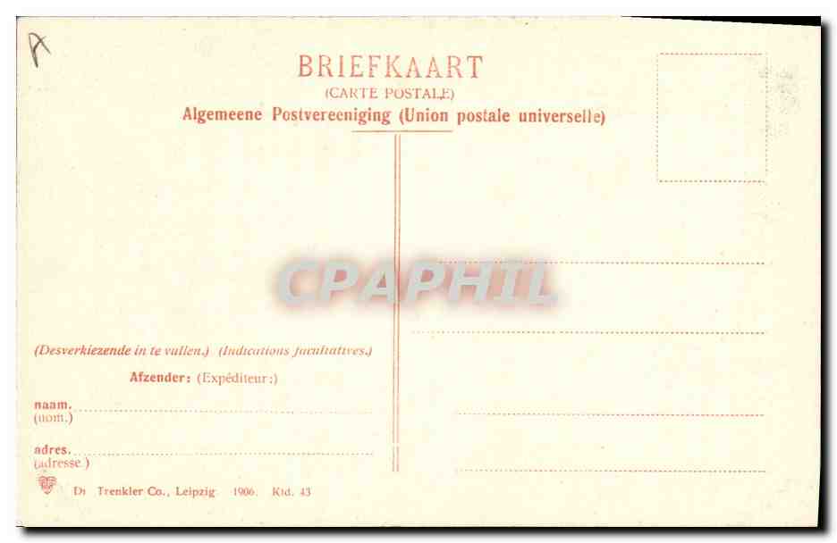 Zuid Bevelandsche boer — portrait d'un homme en costume — éditeur Di Trenkler Co., Leipzig — Verso