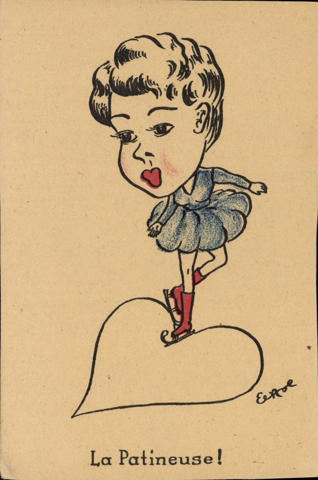 CPA Fantaisie Illustrateur La patineuse Coeur