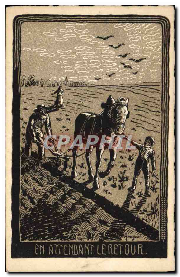 CPA Fantaisie Illustrateur En attendant le retour Labour Cheval 