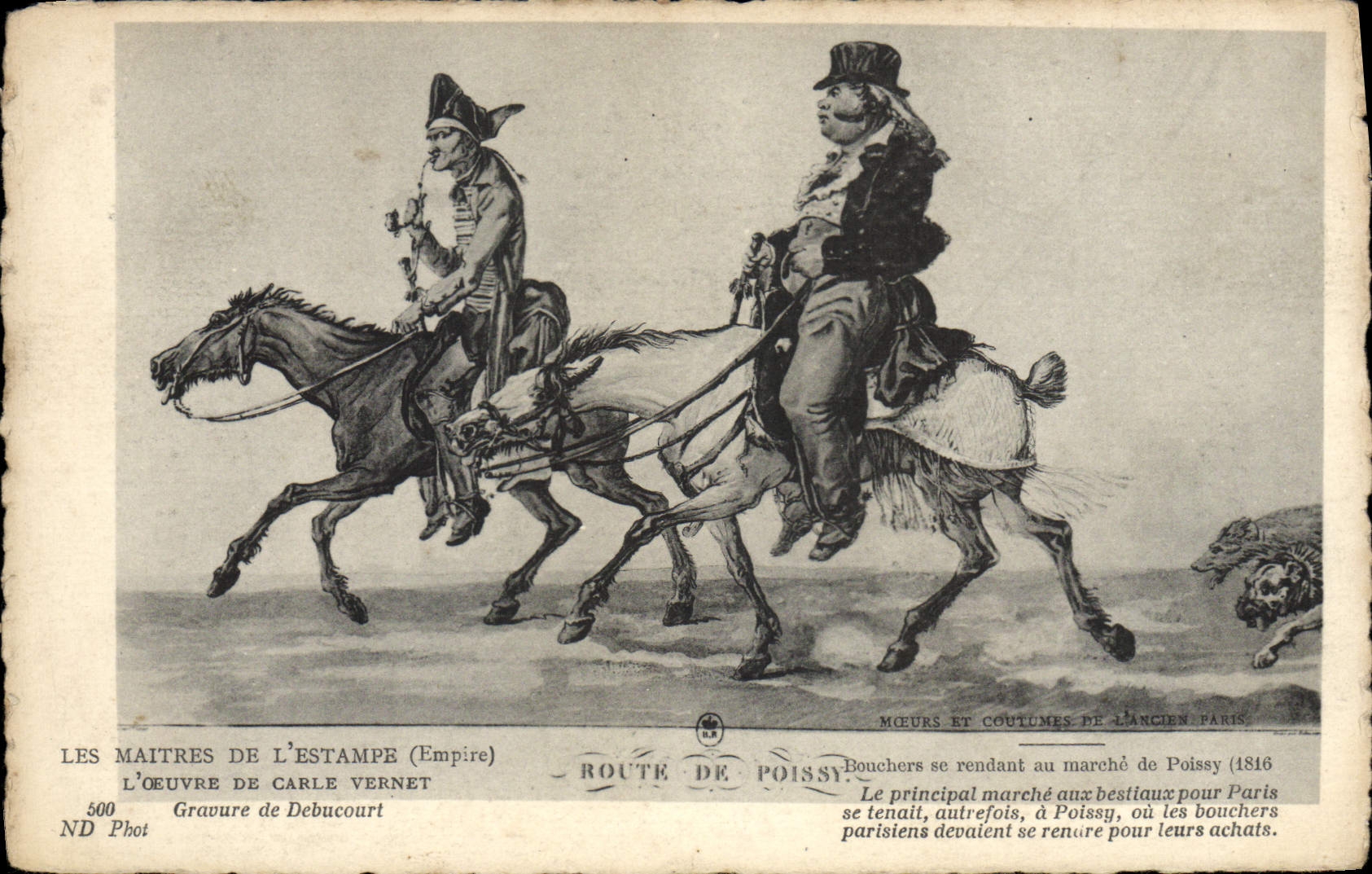 Bouchers se rendant au marché de Poissy — gravure de Carle Vernet (Empire) — ND Phot, n°500