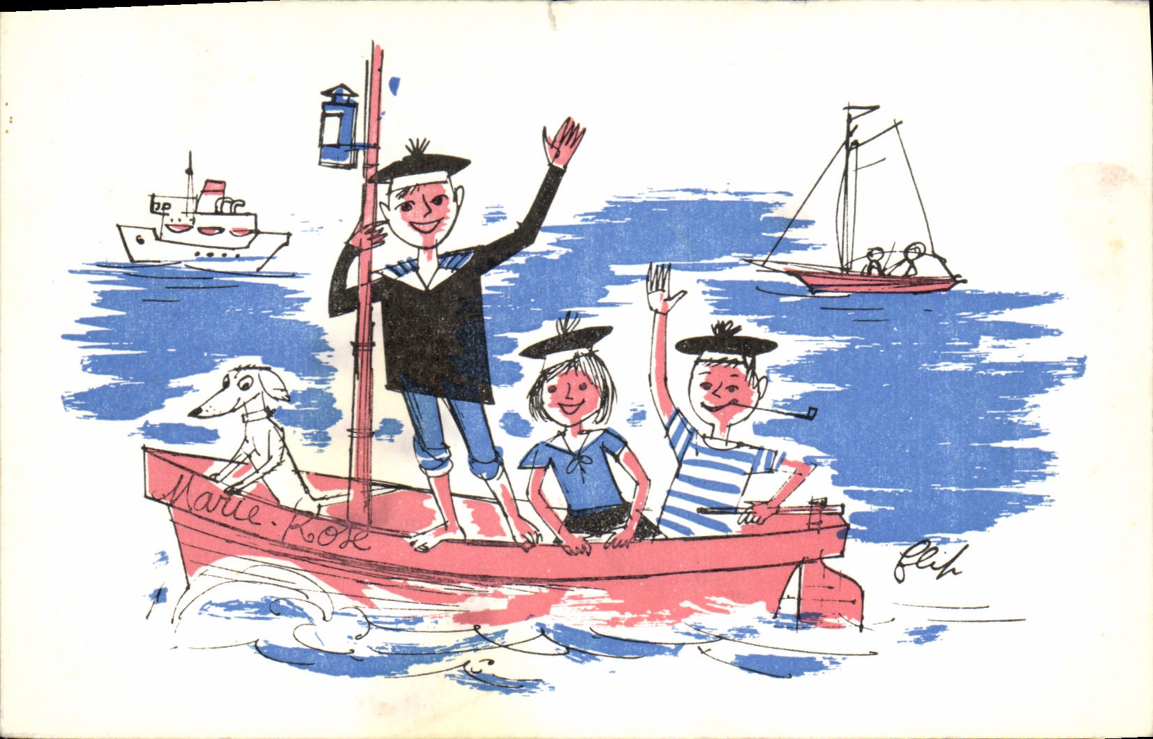 CPA Fantaisie Illustrateur Enfants Bateau Chien