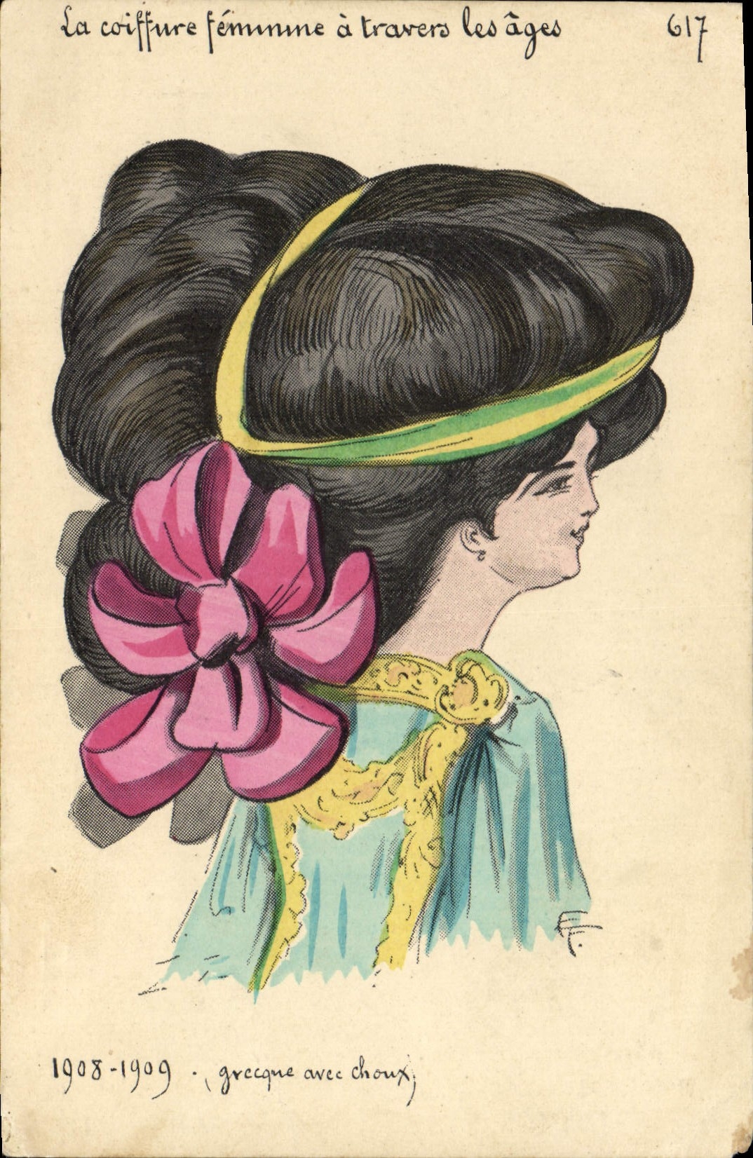 CPA Fantaisie Illustrateur La coiffure a travers les ages 1908 1909 Grecque avec choux Coiffeur