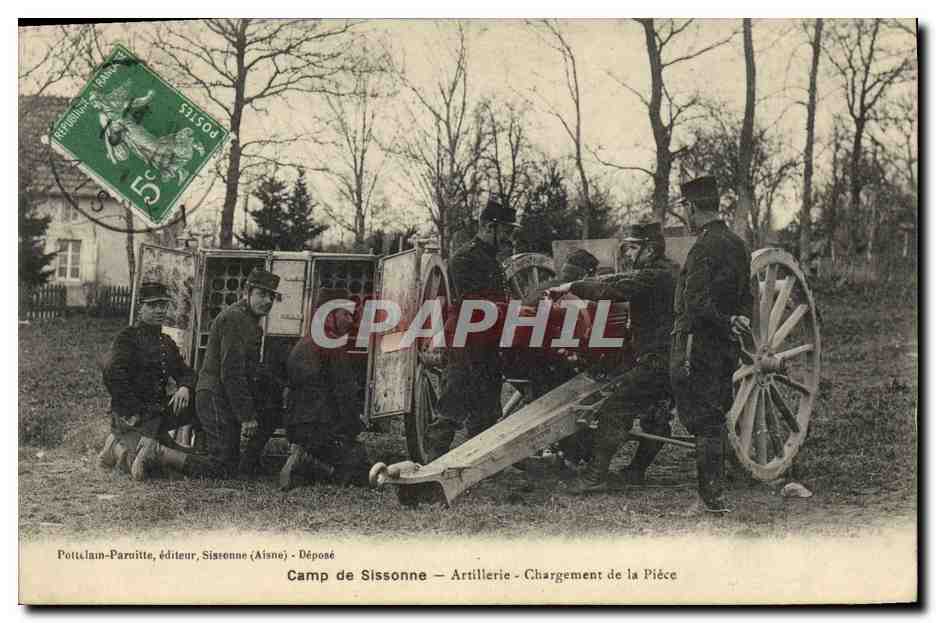 CPA Militaria Camp de Sissonne Artillerie Chargement de la piece