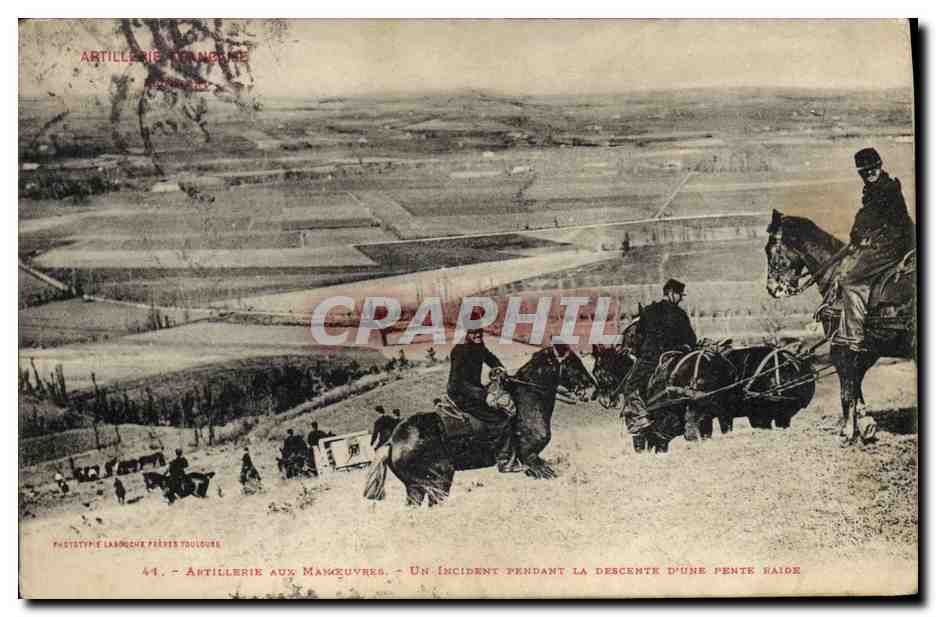 Artillerie aux Manœuvres — Un incident pendant la descente d'une pente raide — Phototype Laugue Perret Toulouse