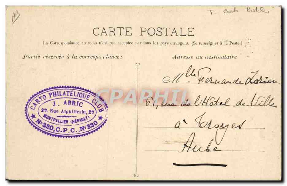 CPA Cartes Postales Carto Philatelic Club Abric Rue Aiguillerie Montpellier La place de la Comedie  — Rückseite