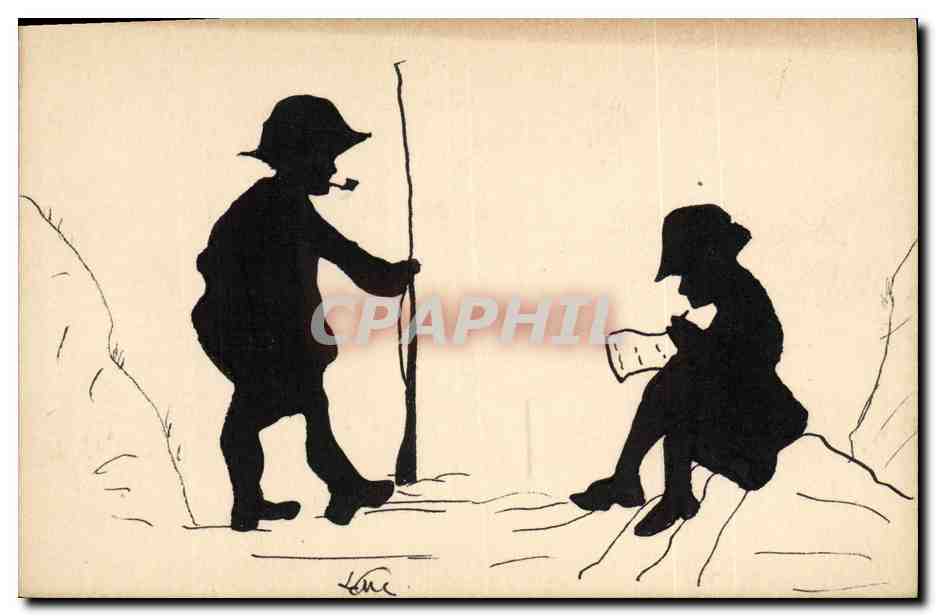 Dos niños en silueta — escena de montaña — dibujo de Léon