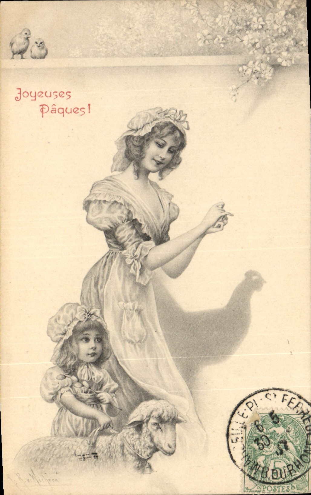 Fête de Pâques — Jeune femme et enfant avec mouton — Éditeur Sulle Pièce, St-Félix-de-Rhône