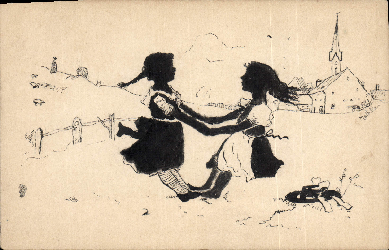 Dos chicas bailando en el campo — ilustración de M. Mahalia — n°2