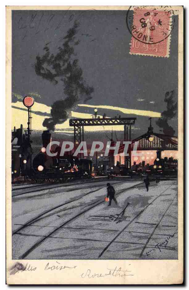 Gare de Lyon — scène nocturne avec train à vapeur — éditeur L. Fournier, n° 34 - Anverso
