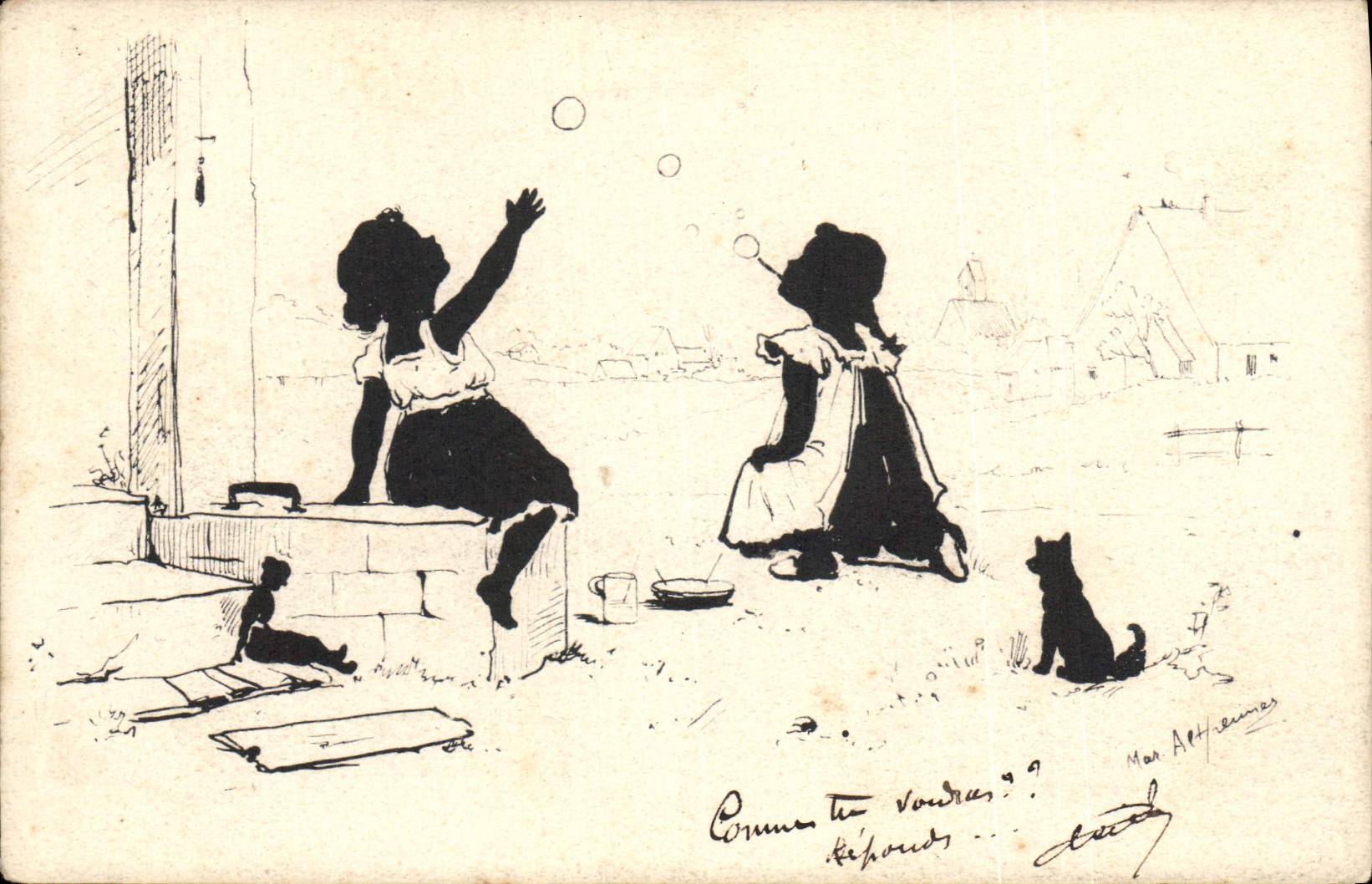 Due bambini che giocano con le bolle — disegno di Jean Altherr — editore non visibile