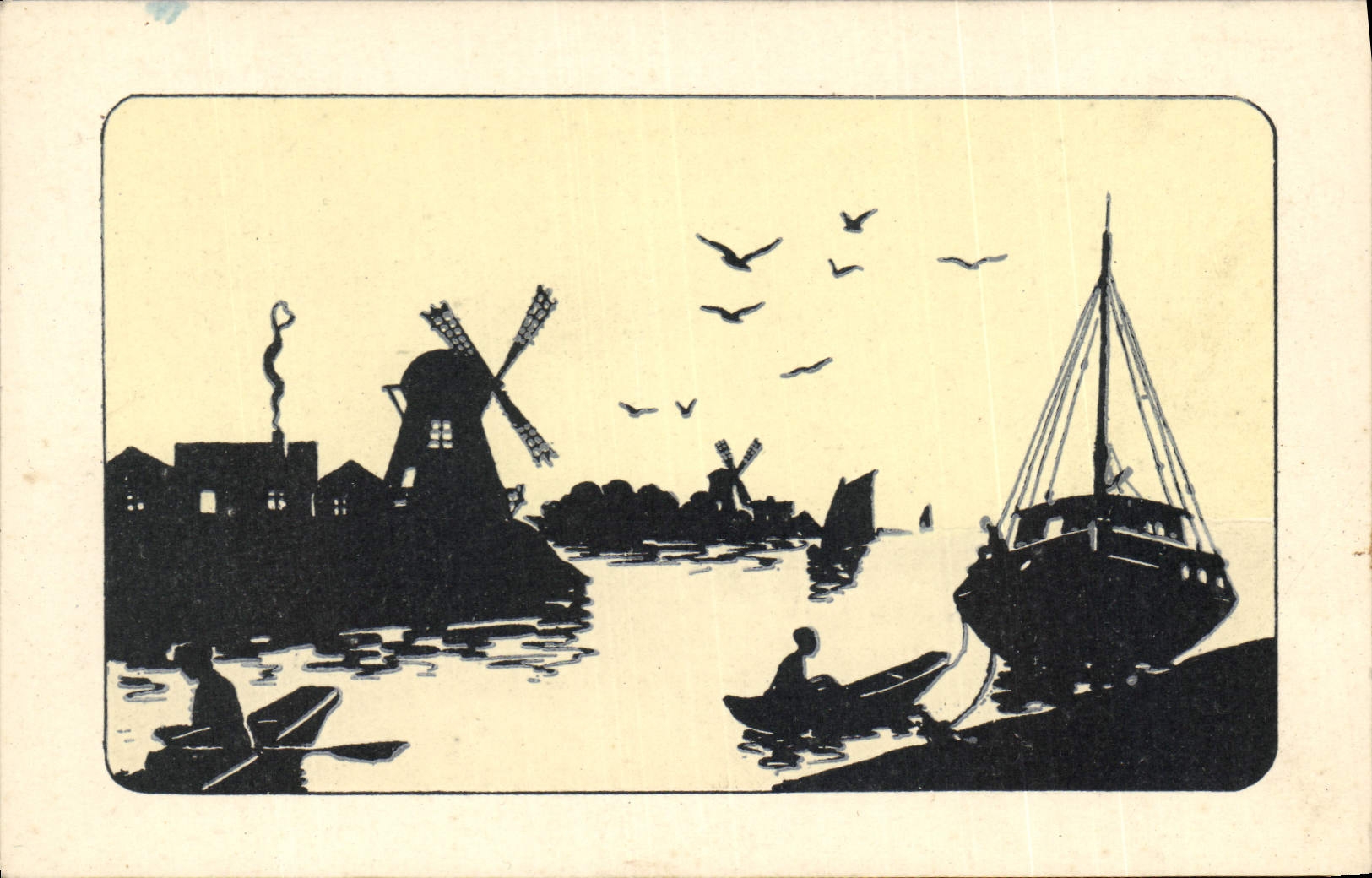 Paysage néerlandais — moulin à vent, bateaux et oiseaux — Carte postale lumineuse
