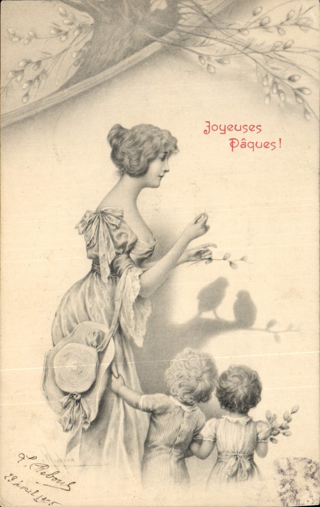 Femme et deux enfants — Pâques — P. Rebours, n° 213