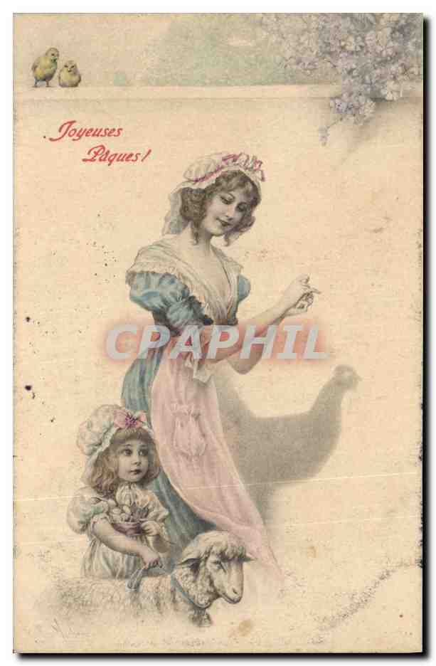 Femme et enfant avec mouton et poussins — Joyeuses Pâques! — M. M. Vienne, Nr. 213