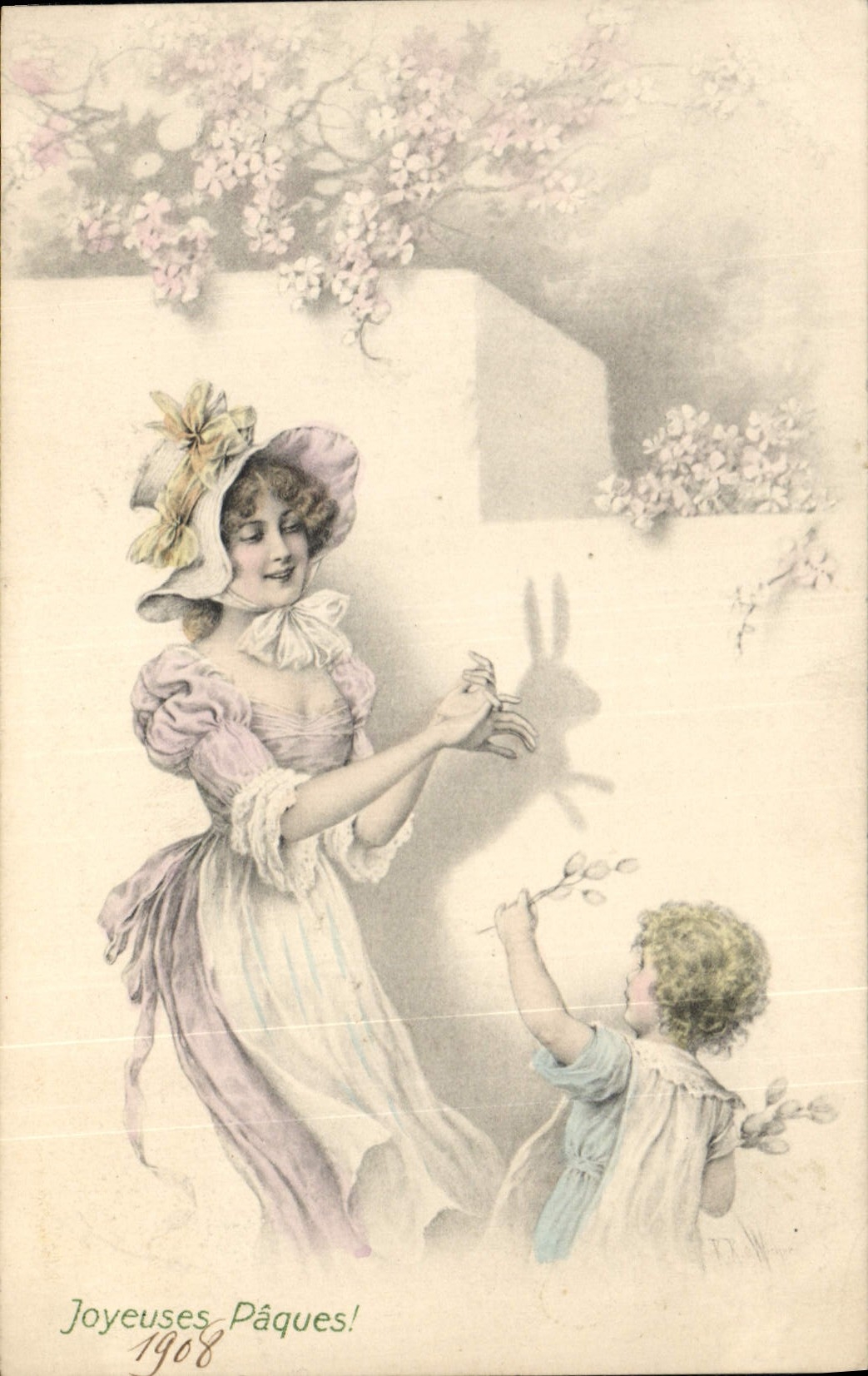 Femme et enfant jouant avec un lapin — 1908 — M.M. Vienne, Nr. 213
