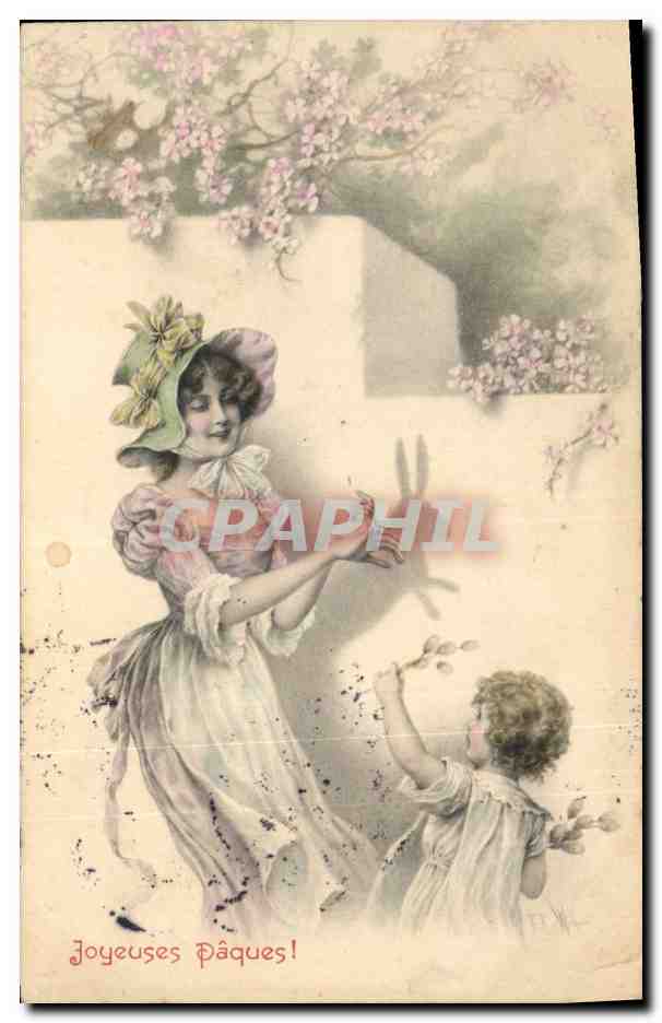 Femme et enfant jouant avec des lapins — Joyeuses Pâques! — M. M. Vienne, Nr. 213