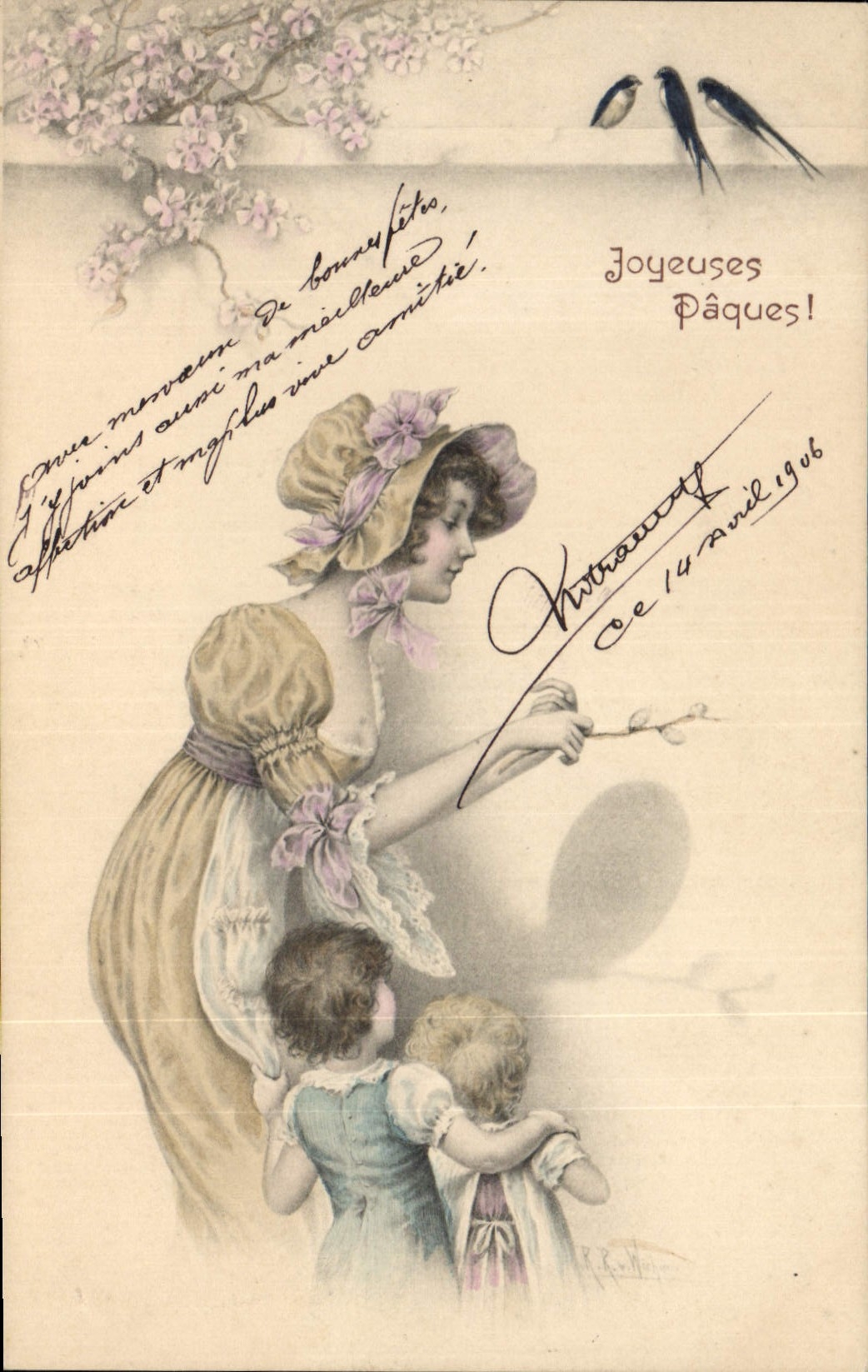 Femme et deux enfants — Pâques — éditeur M.M. Vienne, n° 213