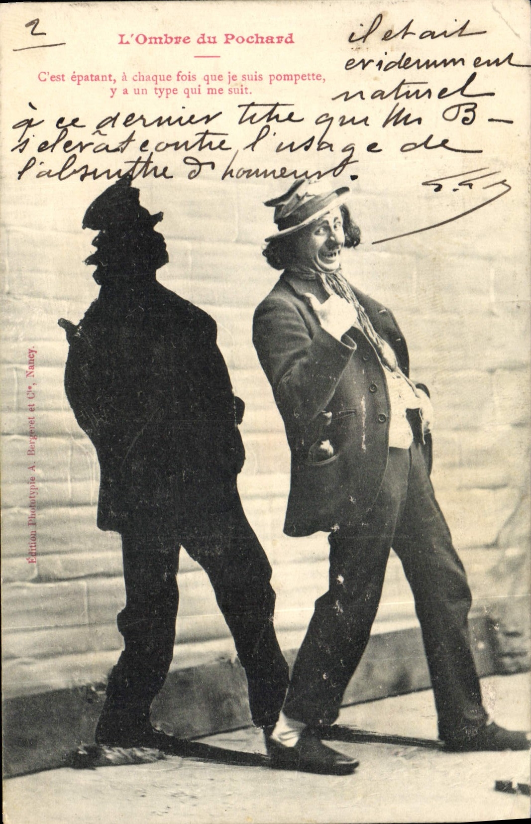 L'Ombre du Pochard — caricature de clown et silhouette — Édition Phototype A. Bergeret et Cie, Nancy