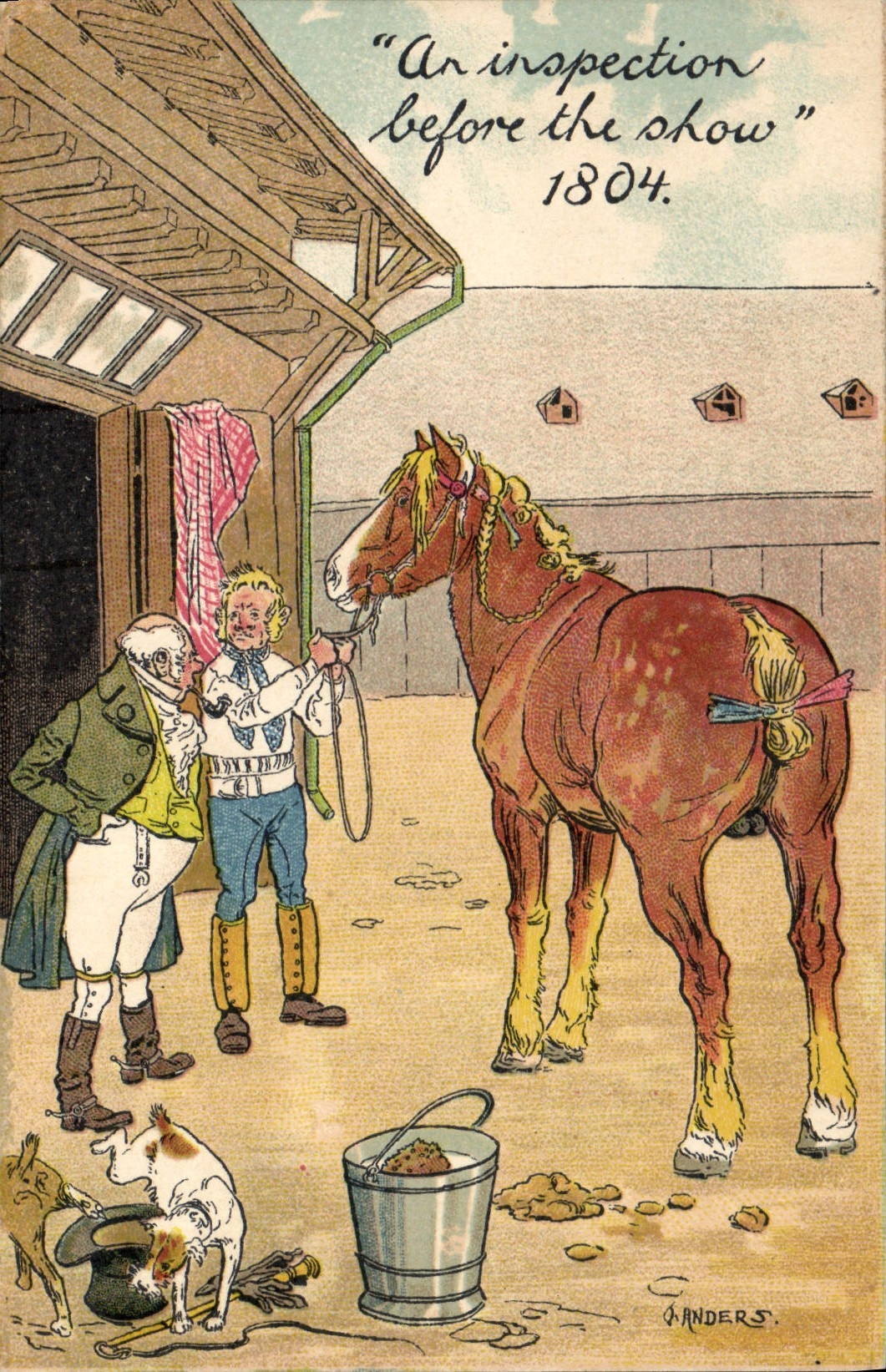 CPA Fantaisie Illustrateur An inspection before the show 1804 Cheval Militaria Chien Hippisme