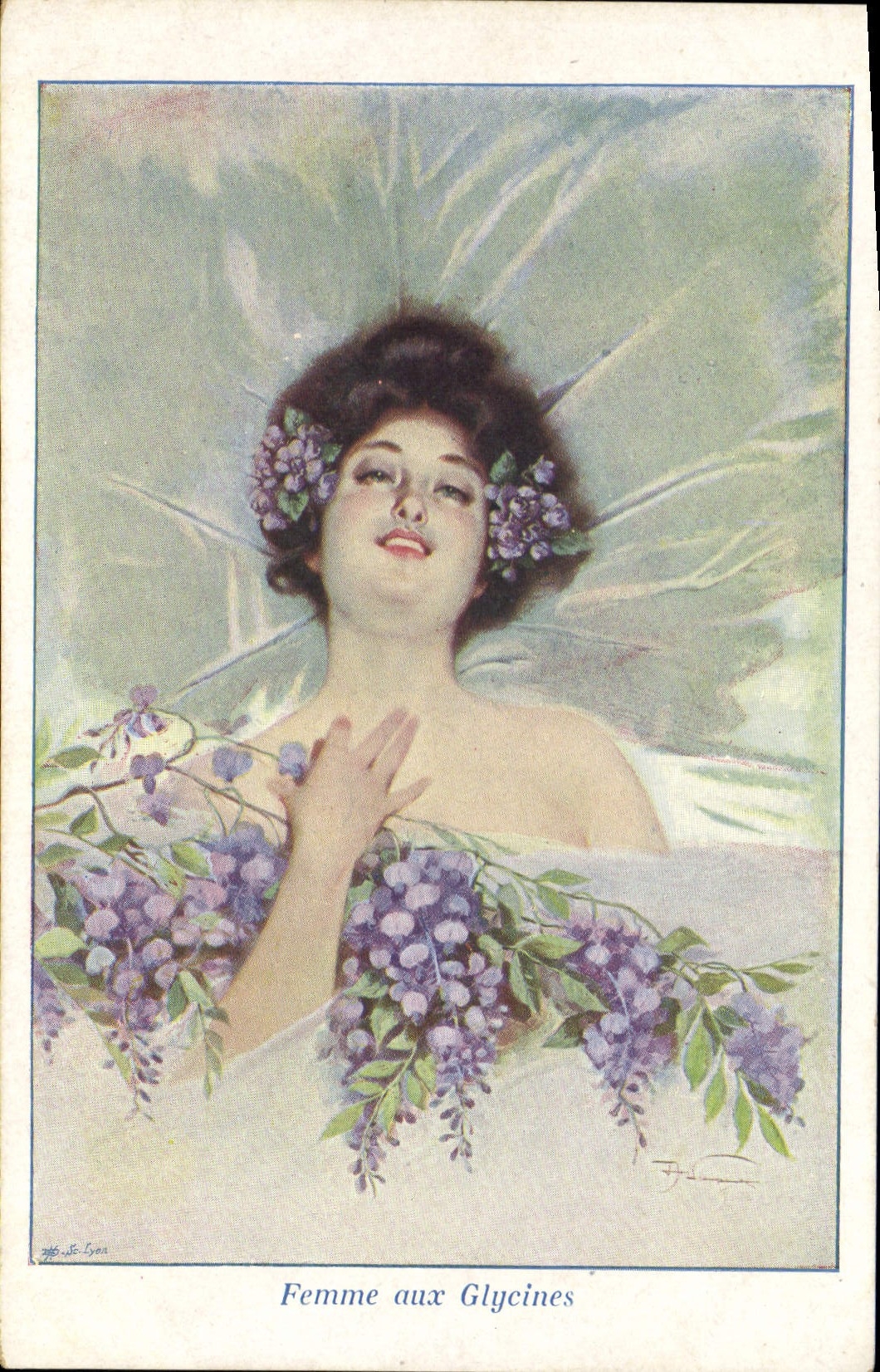 CPA Fantaisie Illustrateur Femme aux glycines 