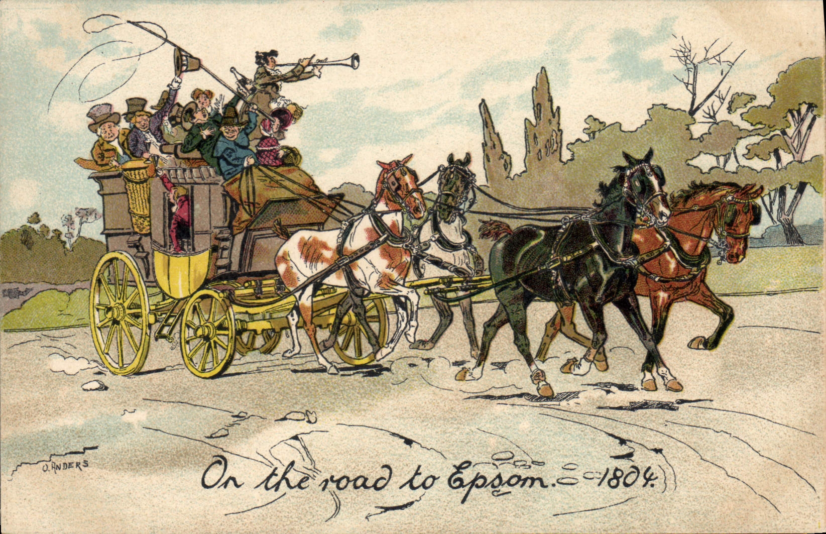 CPA Fantaisie Illustrateur Anders On the road to Epsom 1804 Chevaux 
