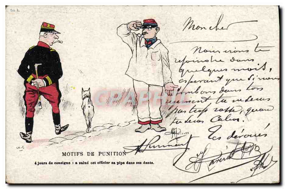 CPA Fantaisie Illustrateur Albert Guillaume Motifs de punition Chien Militaria