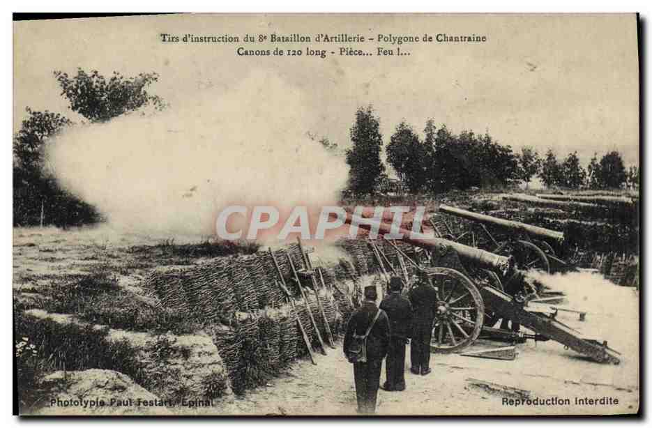 Tirs d'instruction du 8e Bataillon d'Artillerie — Polygone de Chantraine — Canons de 120 long — Pièce 1... — Phototypie Paul Festart, Epinal