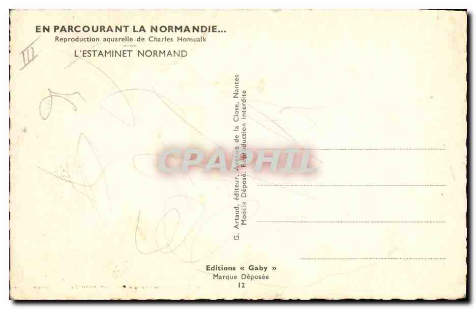 CPA Folklore Normandie Charles Homualk L'estaminet Normand — Verso