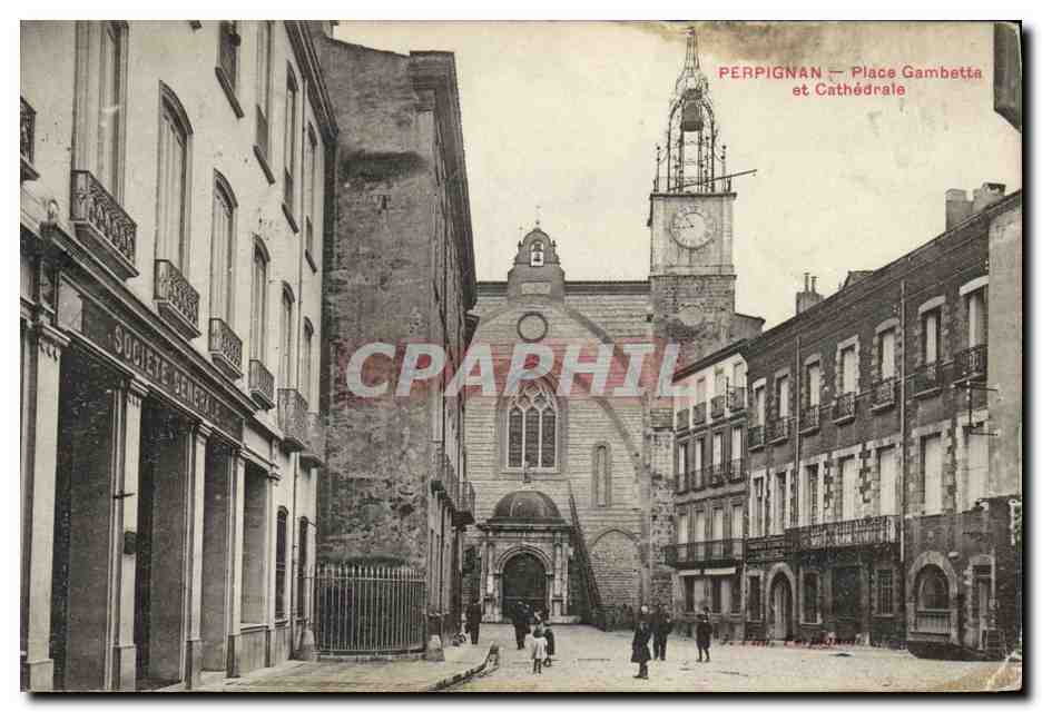 CPA Banque Perpignan Place Gambetta et cathedrale Societe Generale