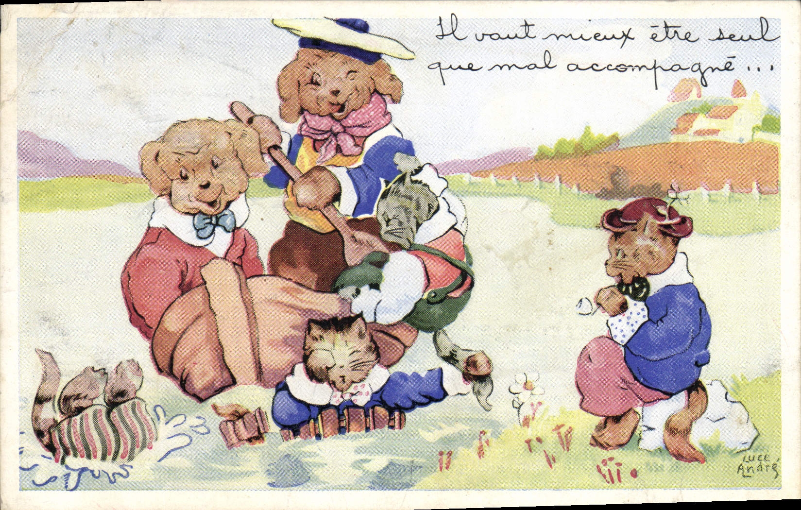 CPA Fantaisie Illustrateur Chien Chat