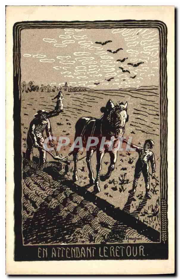 CPA Fantaisie Illustrateur En attendant le retour Labour Cheval