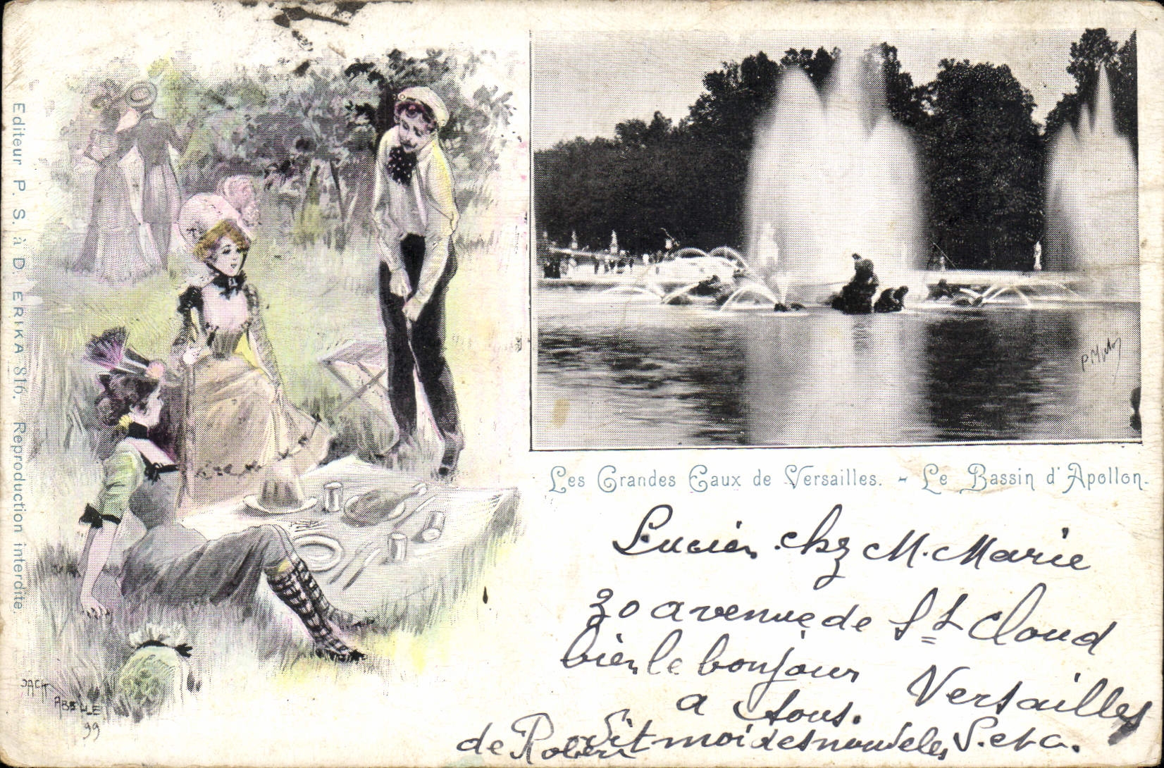 CPA Fantaisie Illustrateur Femmes Les grandes eaux de Versailles Le bassin d'Apollon Abeille