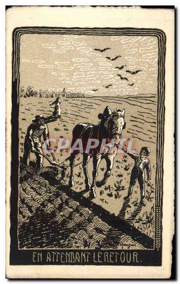 CPA Fantaisie Illustrateur En attendant le retour Labour Cheval